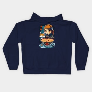 Cute kawaii girl with Shiba Inu dog loves ramen Kids Hoodie